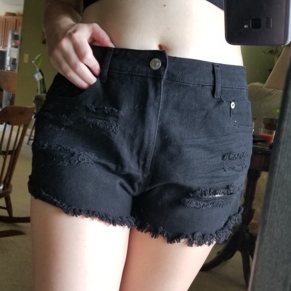 Black Distressed Denim Shorts